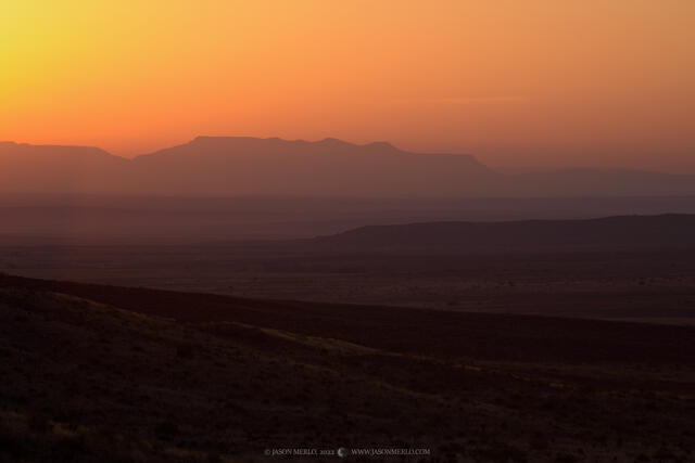 A hazy sunrise over the Marfa Plateau in Presidio County, Texas.