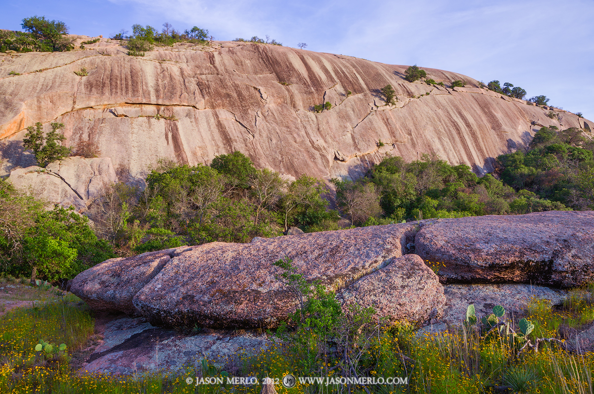Afternoon light on Enchanted Rock and granite outcrops at Enchanted Rock State Natural Area in Llano County in the Texas Hill...