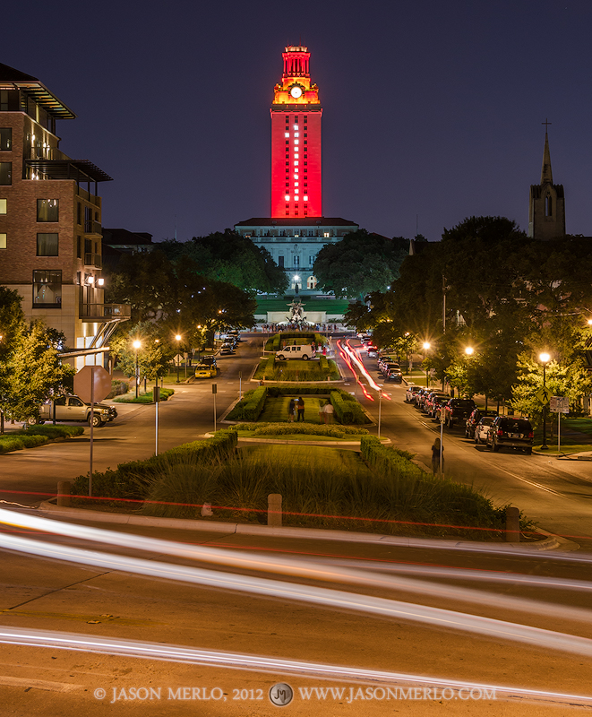 The Tower lit orange with a number 1 to commemorate the 2012 golf national championship at the University of Texas in Austin...