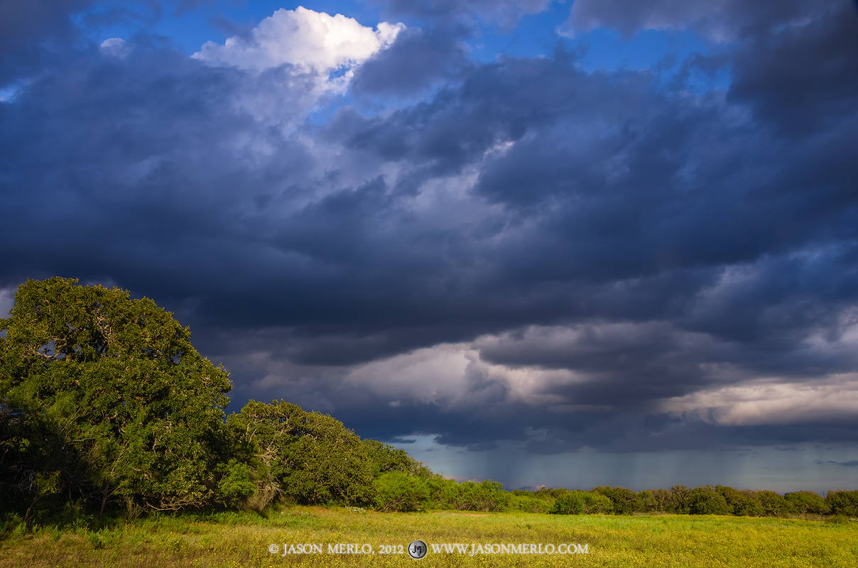 Sun peeks through a break in the clouds casting warm light on a tree lined field as rain falls in the distance in San Saba County...