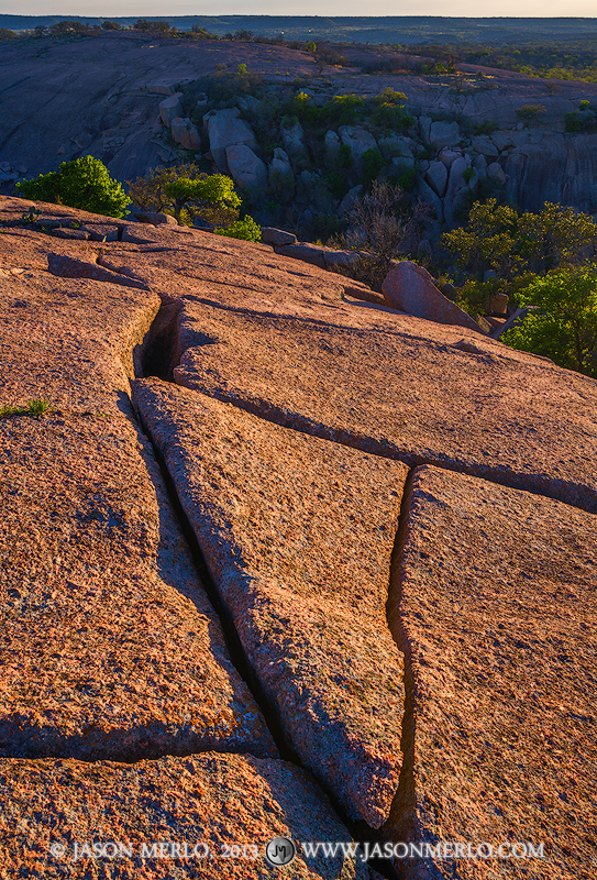 Exfolitation joints on the summit of Enchanted Rock at sunset at Enchanted Rock State Natural Area in Llano County in the Texas...