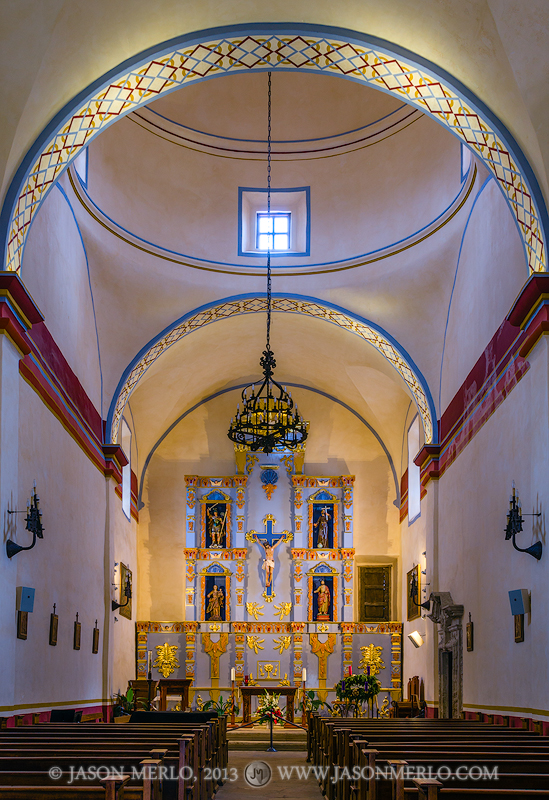 The chapel interior at Mission San José in San Antonio, Texas.