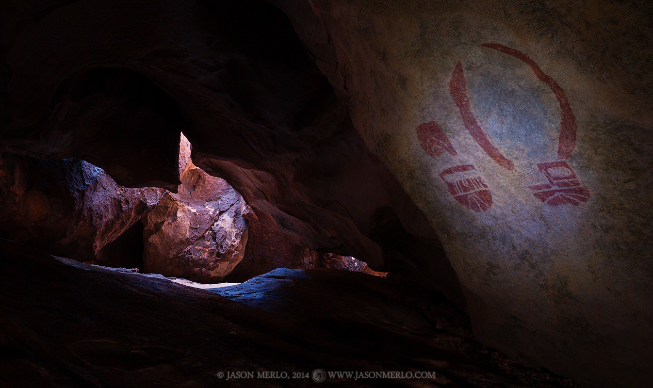 Two painted masks in a cave at Hueco Tanks State Park and Historic Site in El Paso County in West&nbsp;Texas.