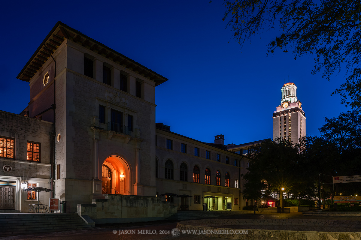 The Texas Union Building and the Tower at dawn from the West Mall at the University of Texas in Austin, Texas.