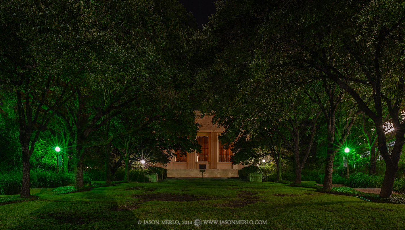 Live oak trees (Quercus virginiana) lining the lawn in front of Texas Memorial Museum at night at the University of Texas in...