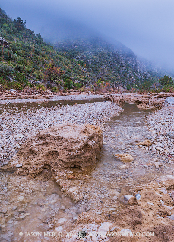 McKittrick Creek flows through McKittrick Canyon under fog covered cliffs at Guadalupe Mountains National Park in Culberson County...