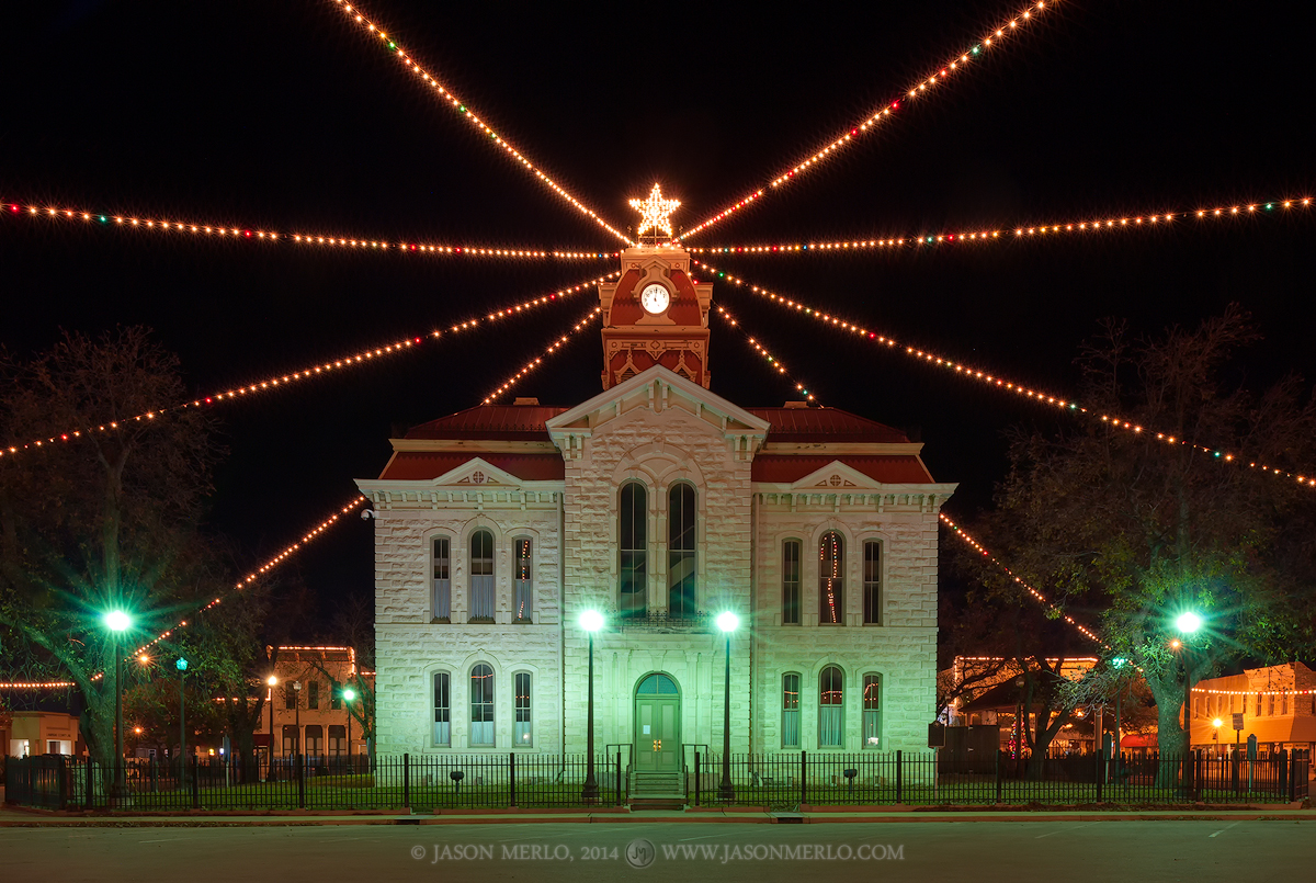 The Lampasas County courthouse at Christmas in Lampasas, Texas.