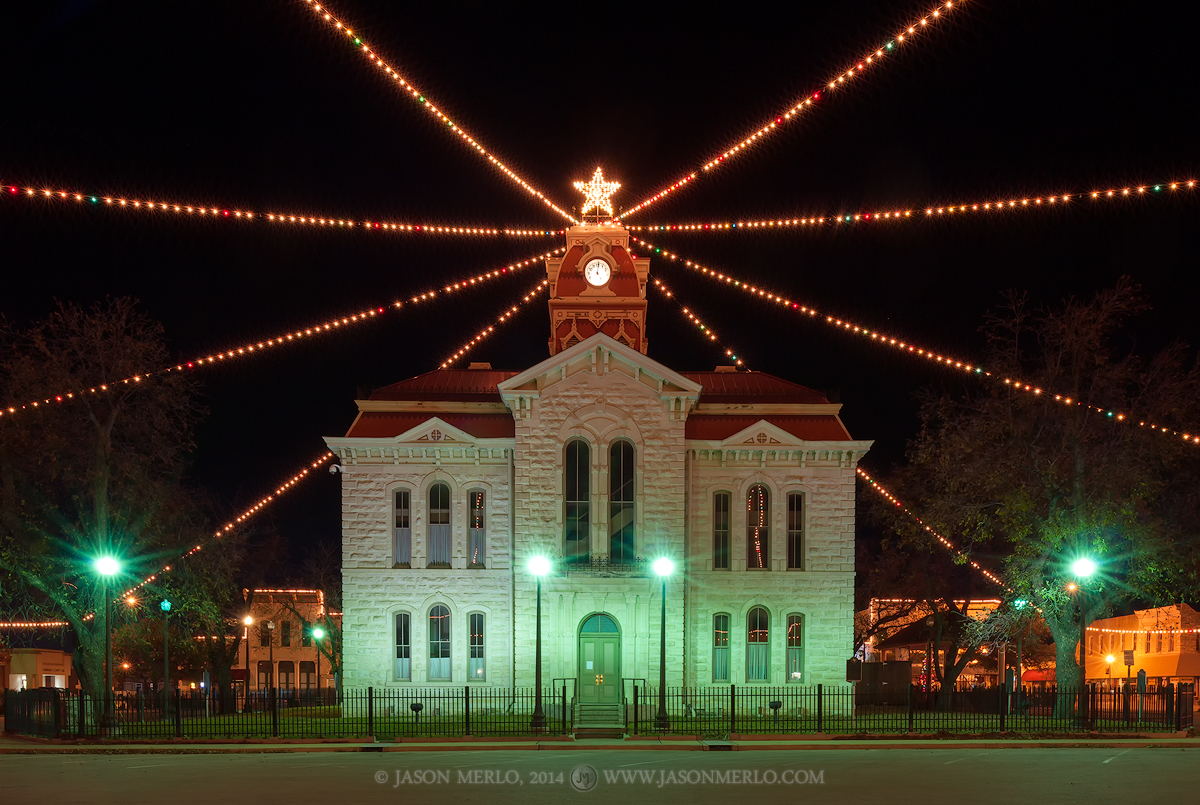 The Lampasas County courthouse at Christmas in Lampasas, Texas.