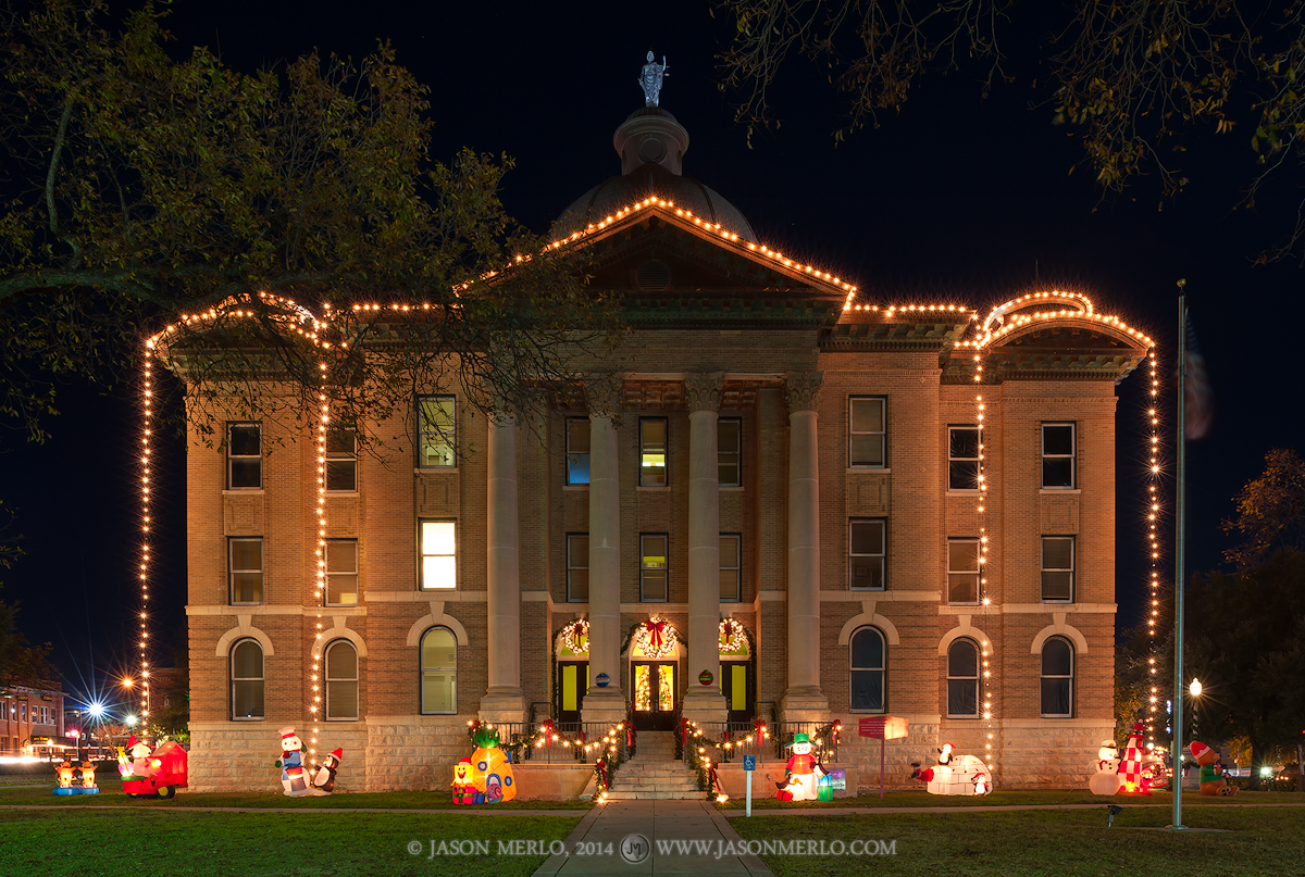 The retired Hays County courthouse at Christmas in San Marcos, Texas.