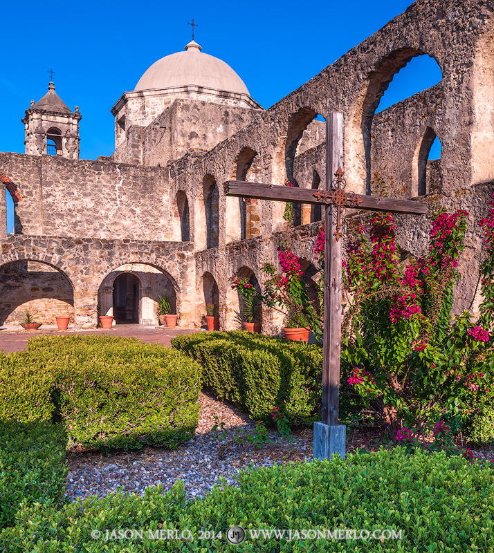 A cross in the courtyard at Mission San José in San Antonio, Texas.