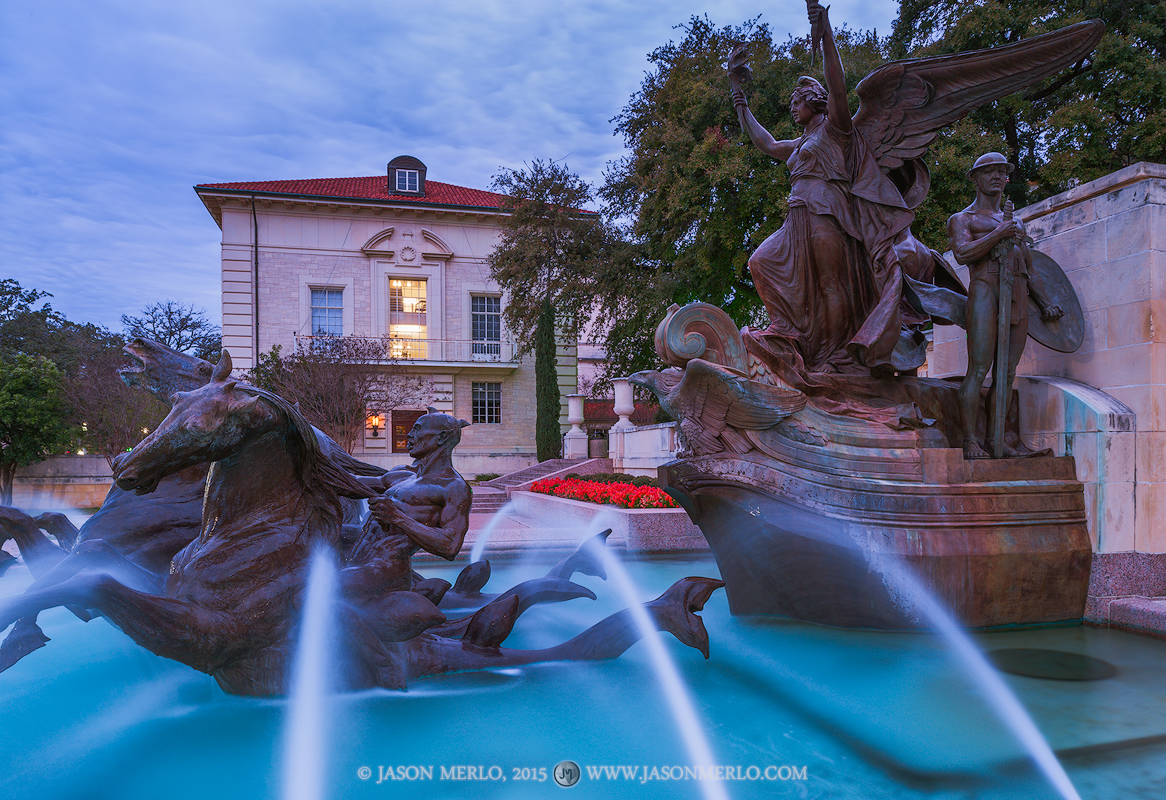 Littlefield Fountain and Homer Rainey Hall at the University of Texas in Austin, Texas.