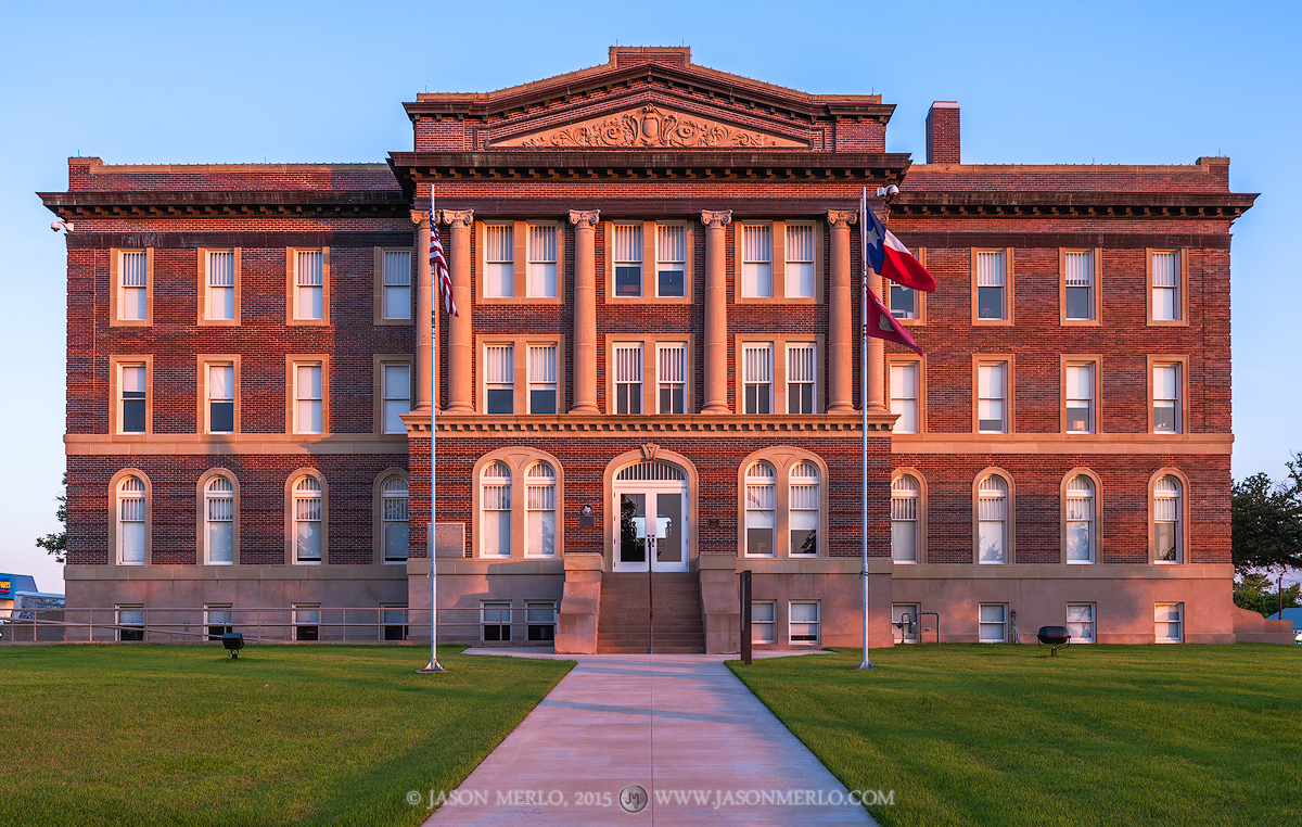 The Mills County courthouse at sunset in Goldthwaite, Texas.