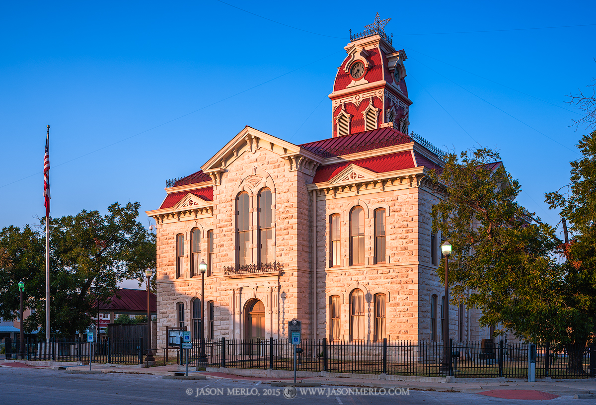 The Lampasas County courthouse at sunset in Lampasas, Texas.