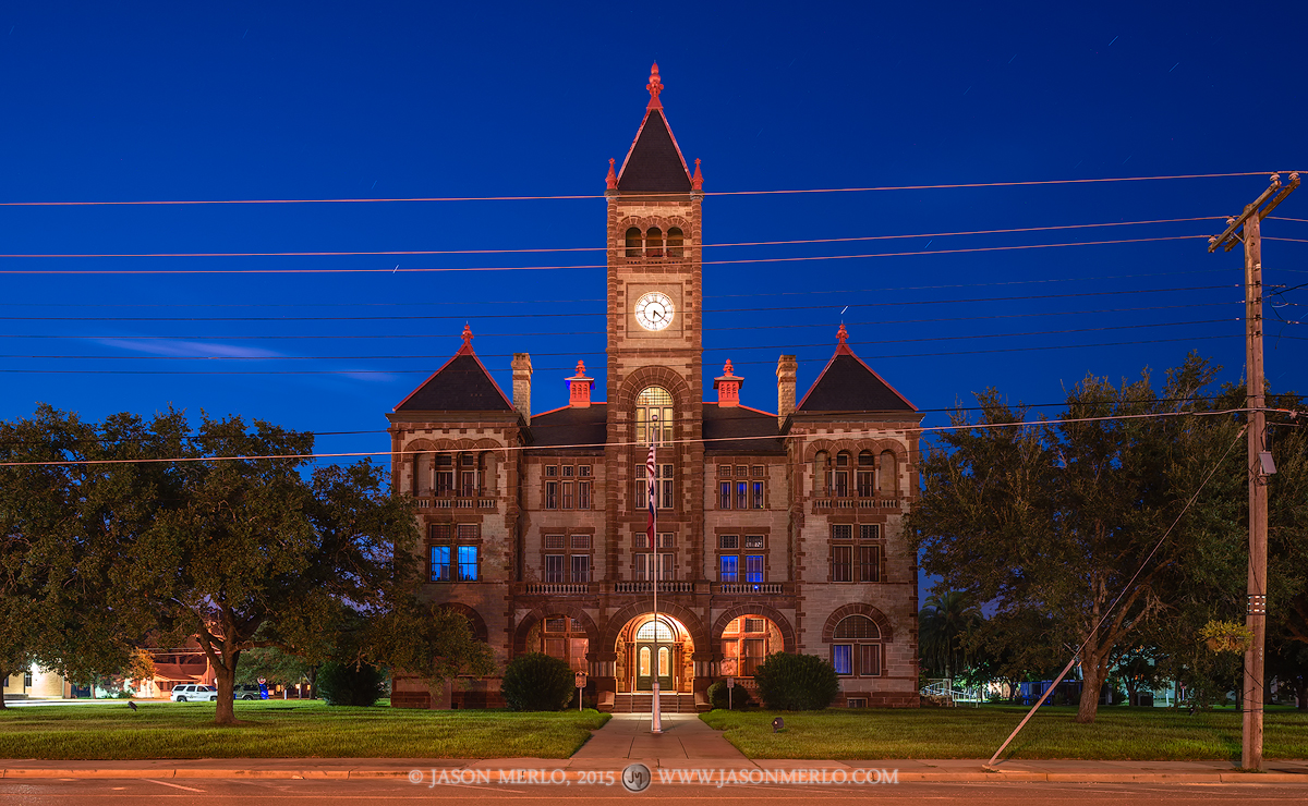 The DeWitt County courthouse at dawn in Cuero, Texas.