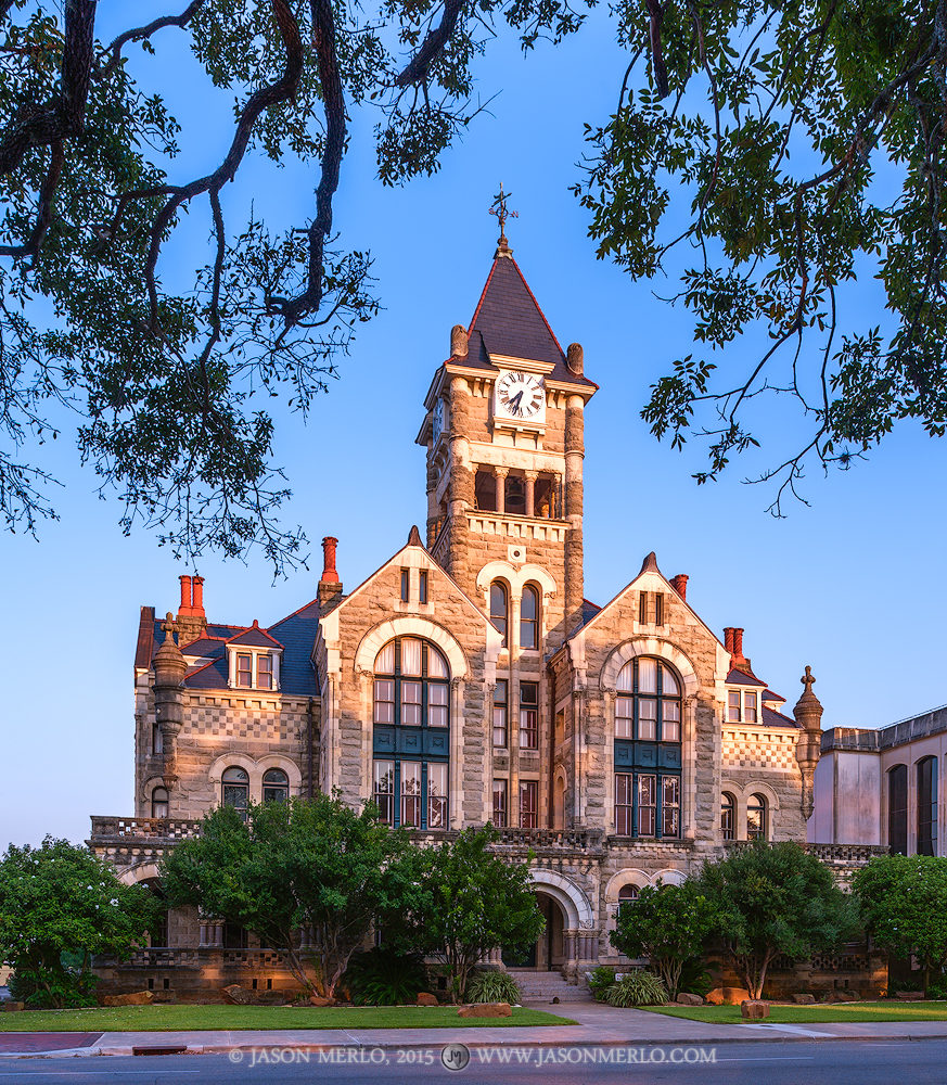 The Victoria County courthouse at sunrise in Victoria, Texas.