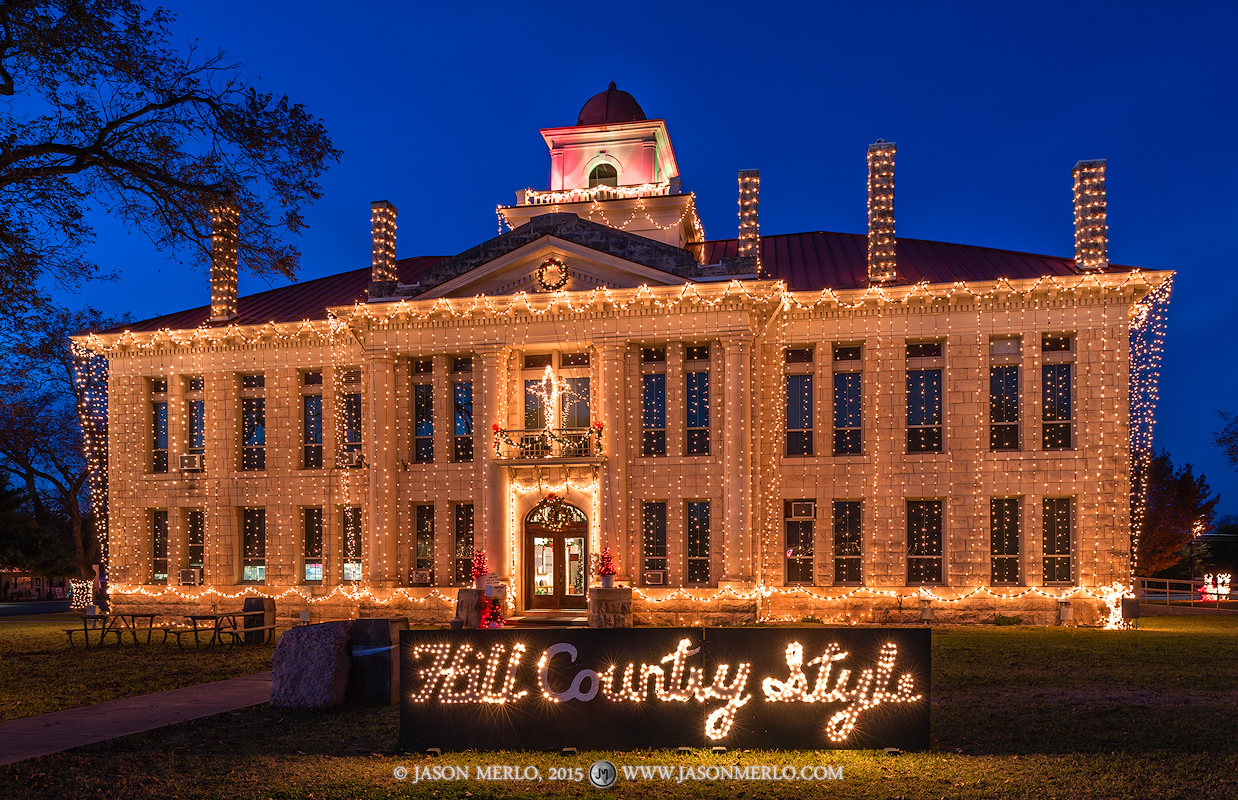 The Blanco County courthouse at Christmas in Johnson City, Texas.