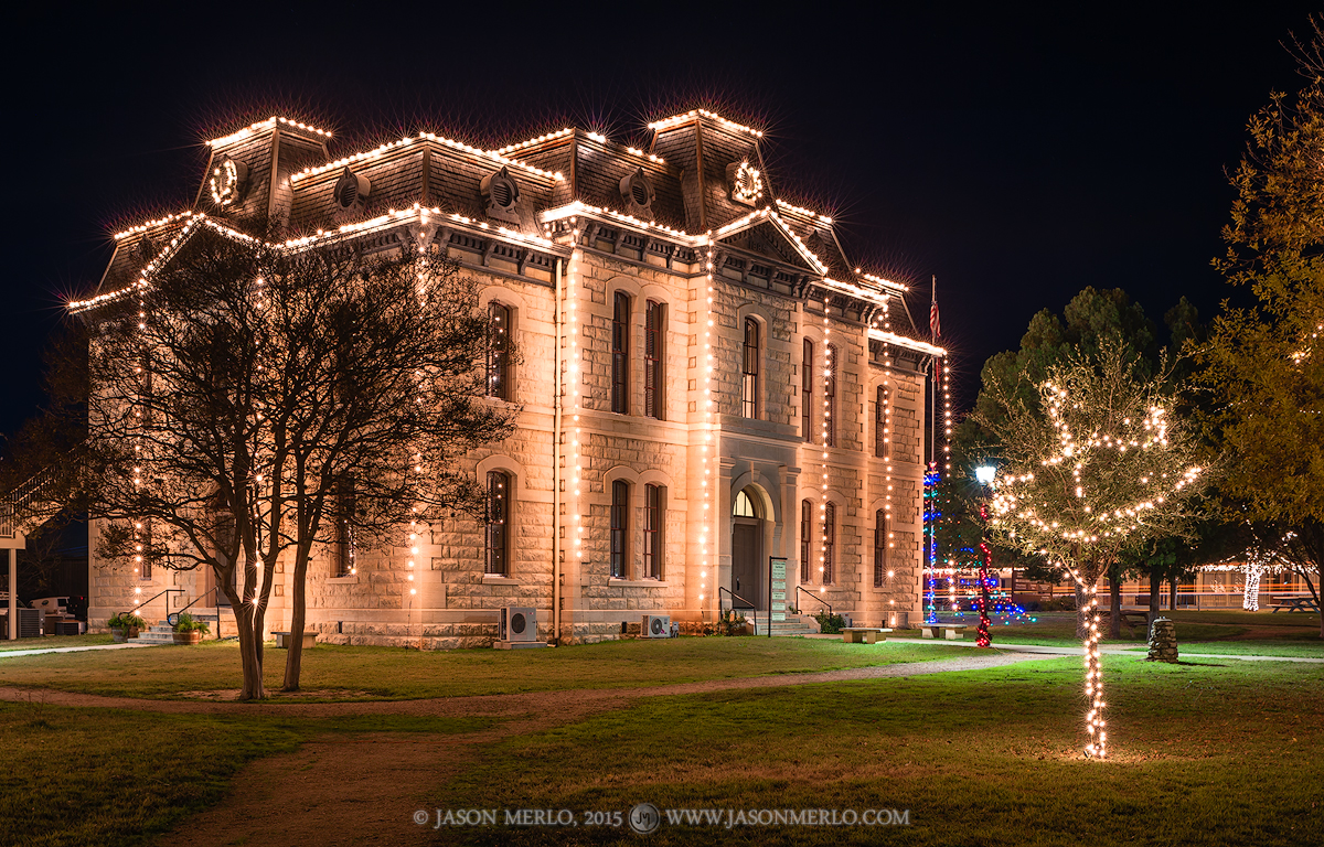 The old Blanco County Courthouse at Christmas in Blanco, Texas.