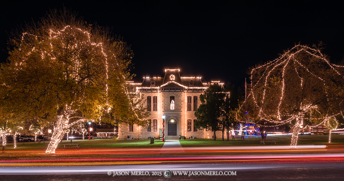 The old Blanco County Courthouse at Christmas in Blanco, Texas.