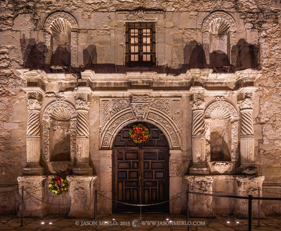 The Alamo façade at Christmas in San Antonio in South Texas.