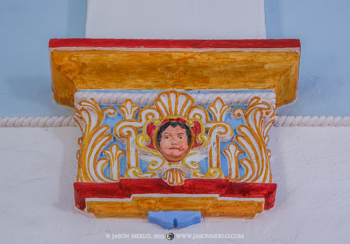 Decorative detail on an arch inside the chapel at Mission Nuestra Señora del Espíritu Santo de Zúñiga (Mission Espíritu...