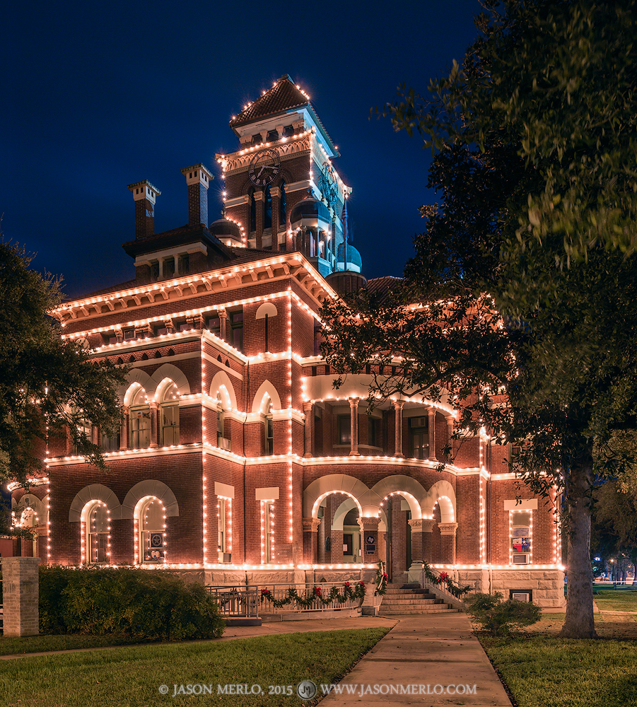 The Gonzales County courthouse at Christmas in Gonzales, Texas.