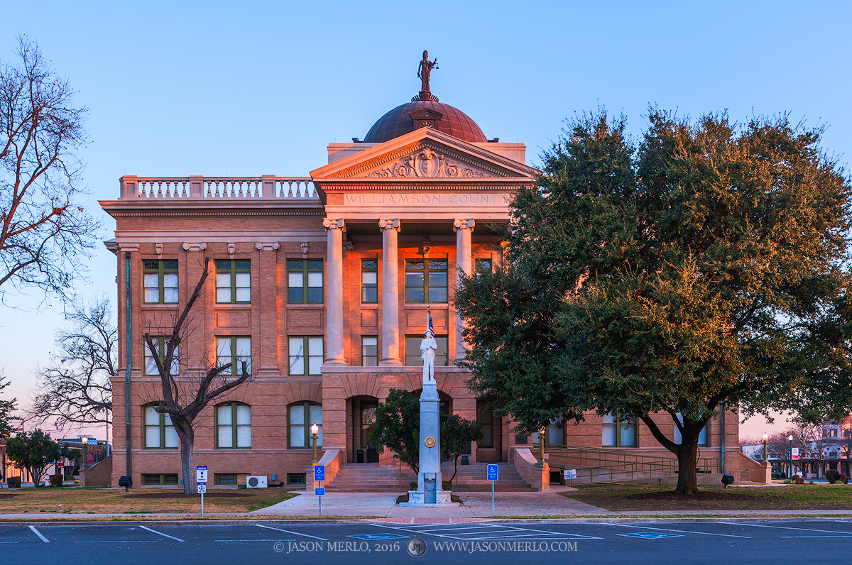 The Williamson County courthouse at sunrise in Georgetown, Texas.