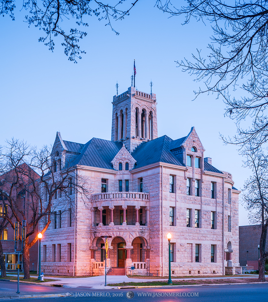 The Comal County courthouse at dawn in New Braunfels, Texas.
