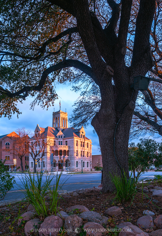 The Comal County courthouse at sunrise in New Braunfels, Texas.
