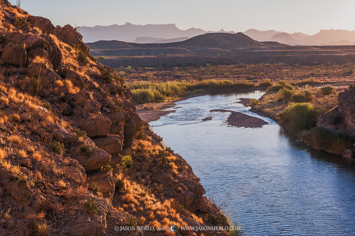 Sunrise over the Rio Grande River from inside Santa Elena Canyon in Big Bend National Park in Brewster County in West&nbsp;Texas...