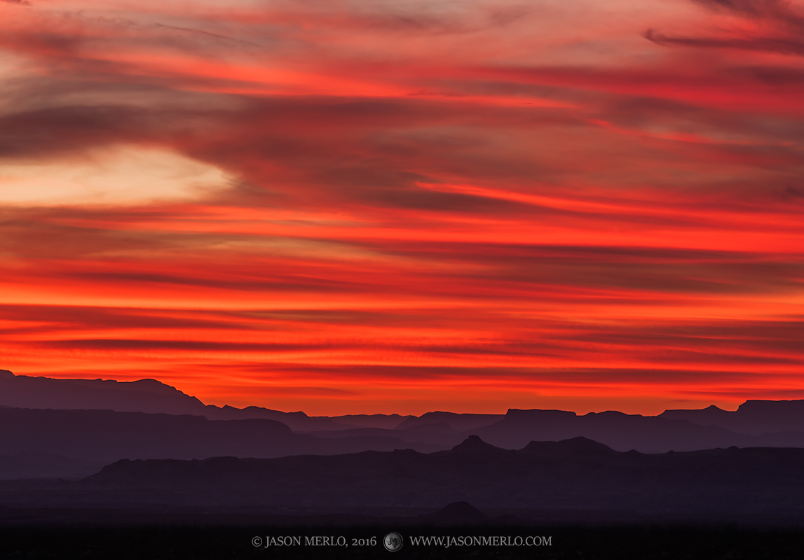 Sunset over the Mesa de Anguila in Big Bend National Park in Brewster County in West Texas.
