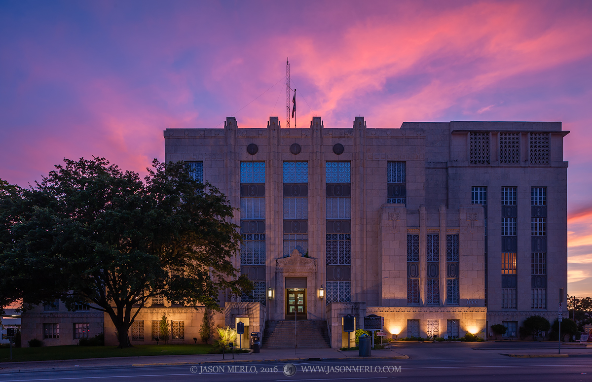 The Travis County courthouse at dusk in Austin, Texas.