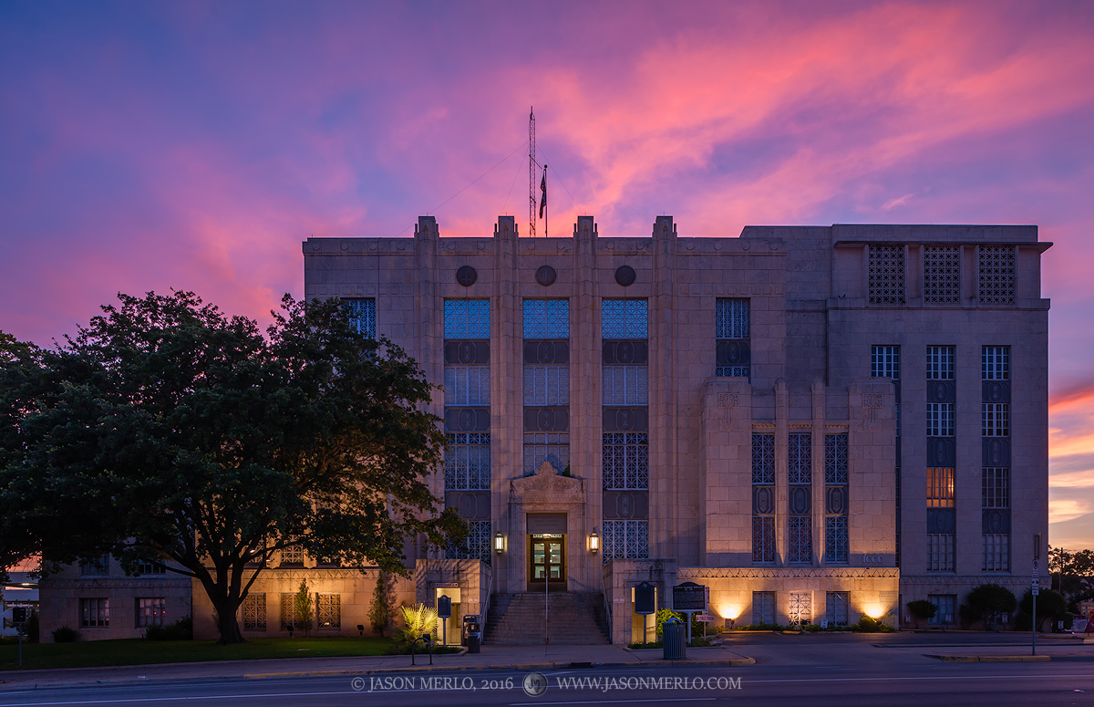 The Travis County courthouse at dusk in Austin, Texas.