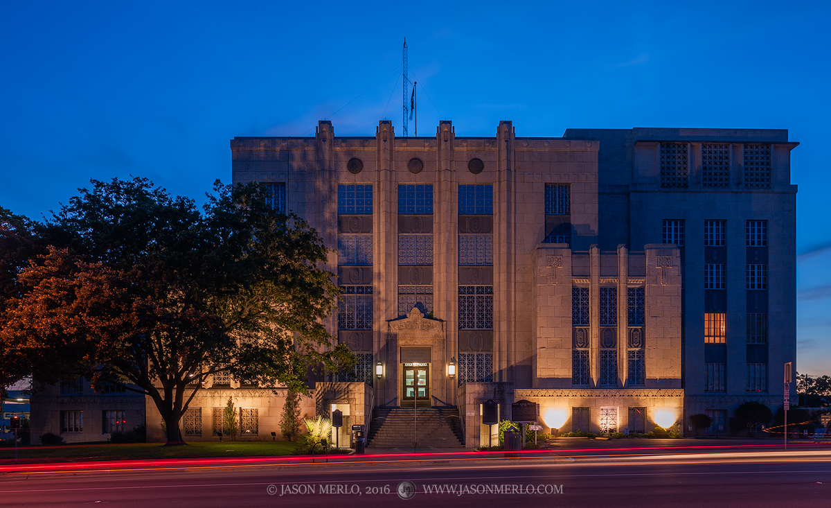 The Travis County courthouse at dusk in Austin, Texas.