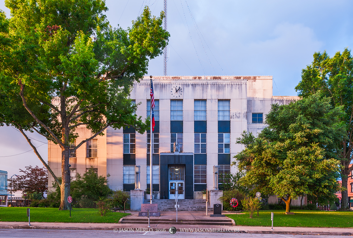 The Washington County courthouse at sunrise in Brenham, Texas.