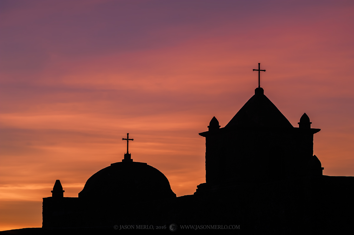 Sunset over the chapel at Presidio la Bahía in Goliad in South Texas.