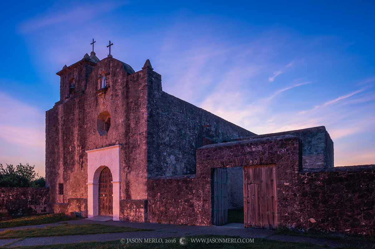 The chapel at sunrise at Presidio la Bahía in Goliad in South Texas