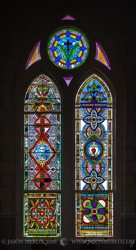 A stained glass window at St. Mary Catholic Church in High Hill, one of the Painted Churches of Texas.