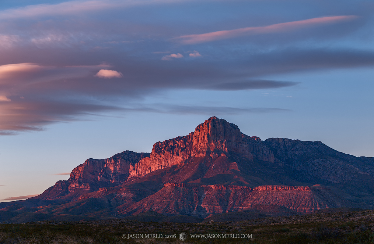 Last light on the Guadalupe Mountains at Guadalupe Mountains National Park in Culberson County in West&nbsp;Texas.