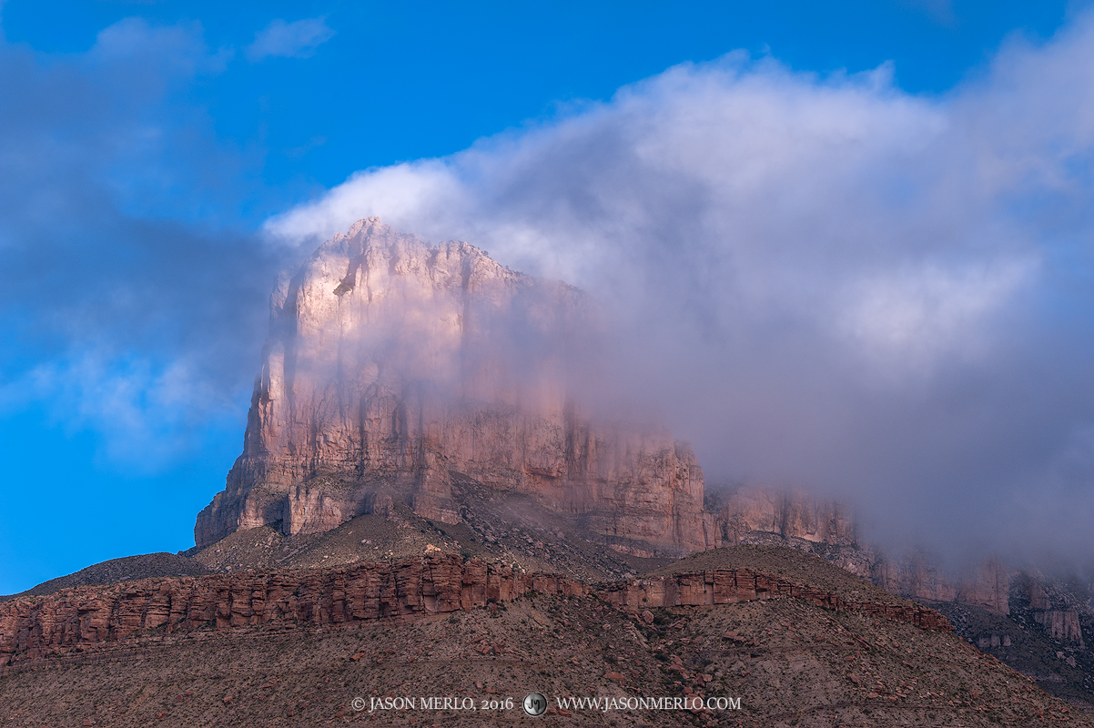 Clouds moving across the face of El Capitán at Guadalupe Mountains National Park in Culberson County in West&nbsp;Texas.
