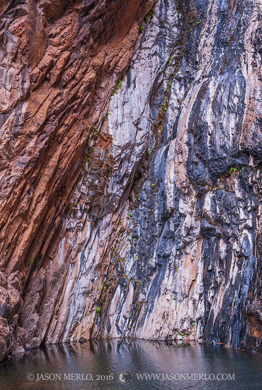Stratified layers of rock above the pool at Cattail Falls in Big Bend National Park in Brewster County in West&nbsp;Texas.