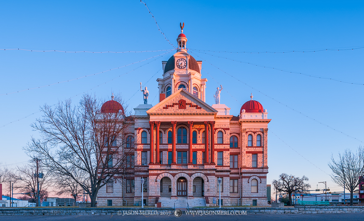 The Coryell County courthouse at sunrise in Gatesville, Texas.