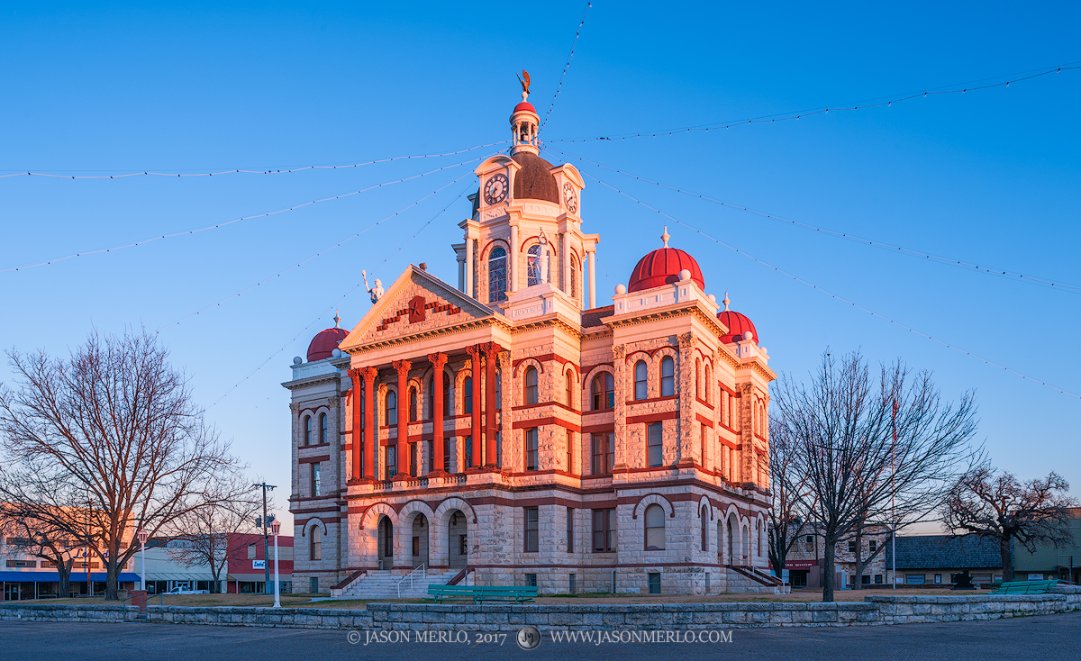 The Coryell County courthouse at sunrise in Gatesville, Texas.