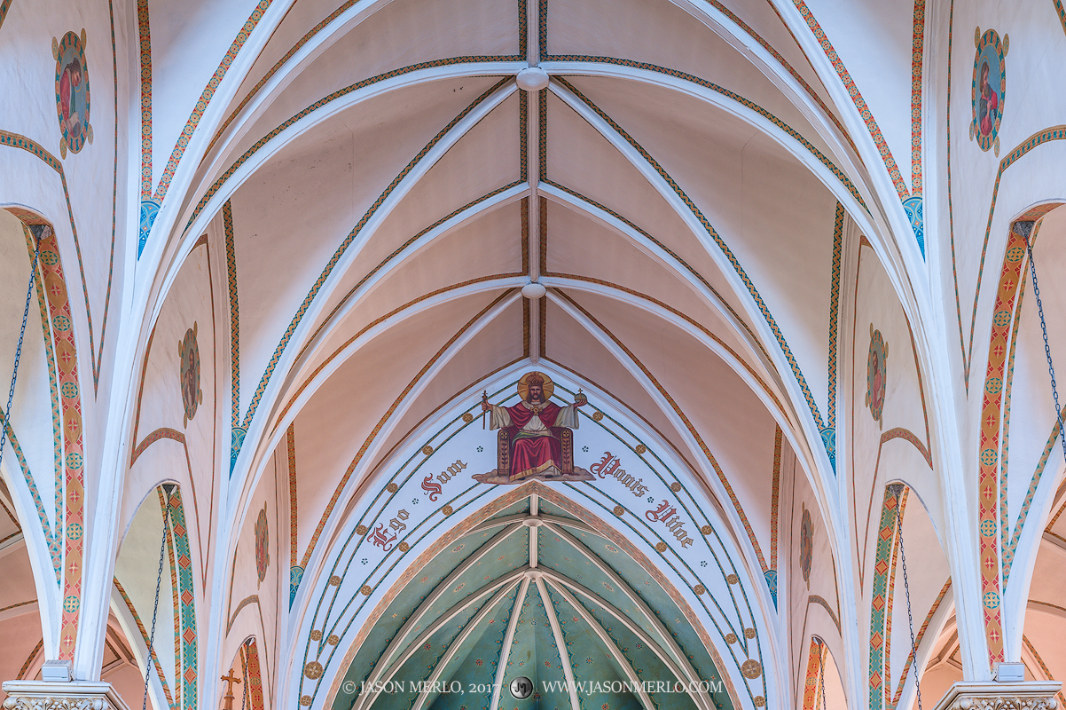 The ceiling and apse at St. Mary's Catholic Church in Fredericksburg, one of the Painted Churches of Texas.