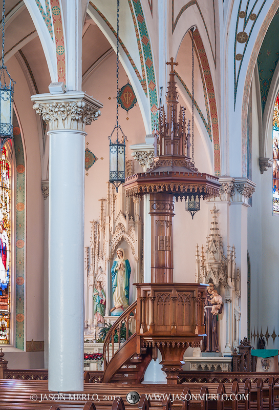 A column and the lectern at St. Mary's Catholic Church in Fredericksburg, one of the Painted Churches of Texas.