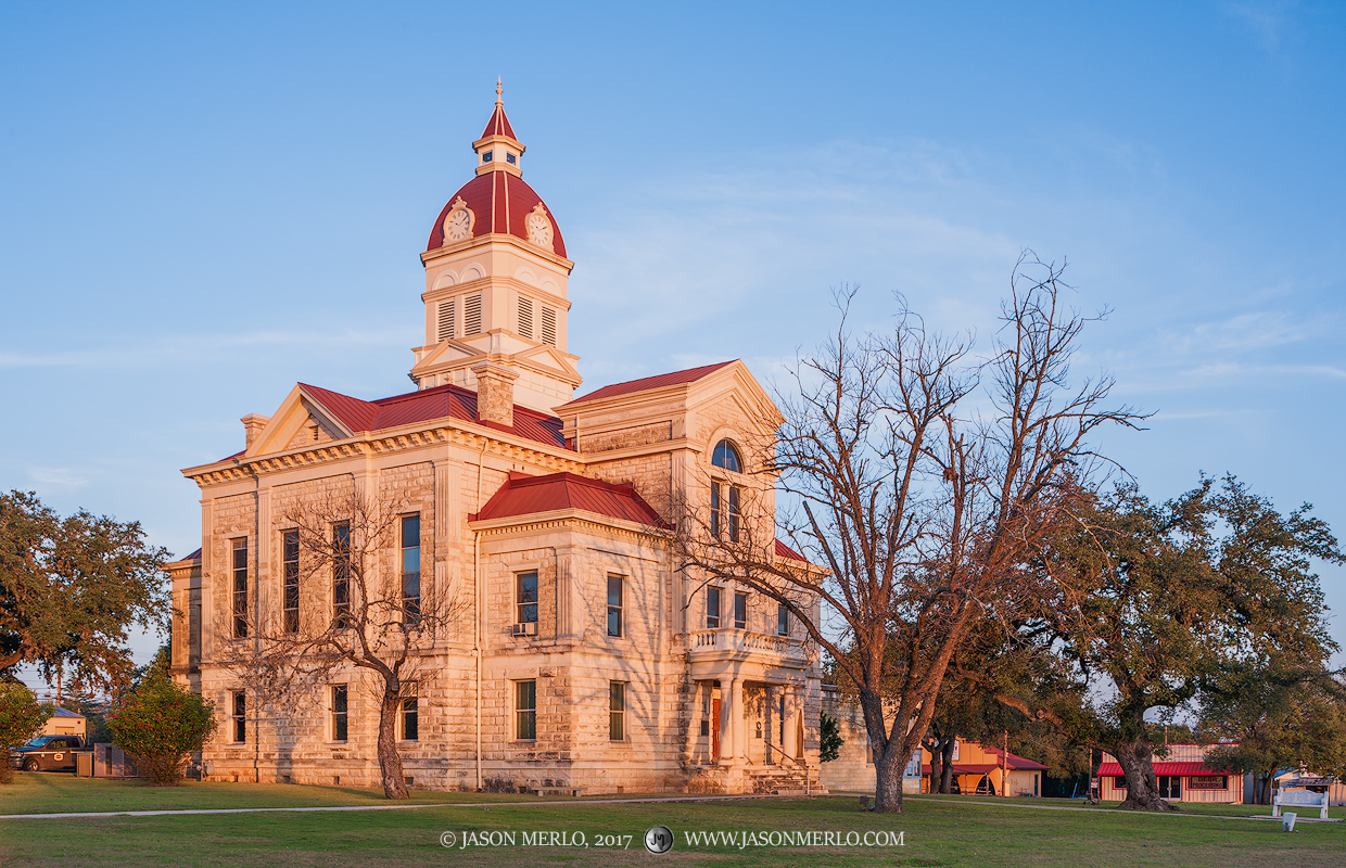 The Bandera County courthouse at sunset in Bandera, Texas.