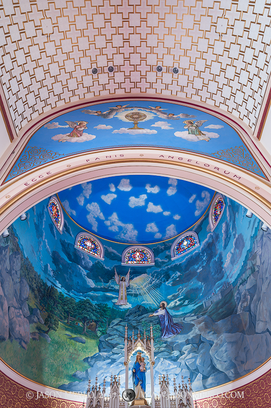 The painted ceiling and apse at Sts. Cyril and Methodius Catholic Church in Shiner, one of the Painted Churches of Texas.