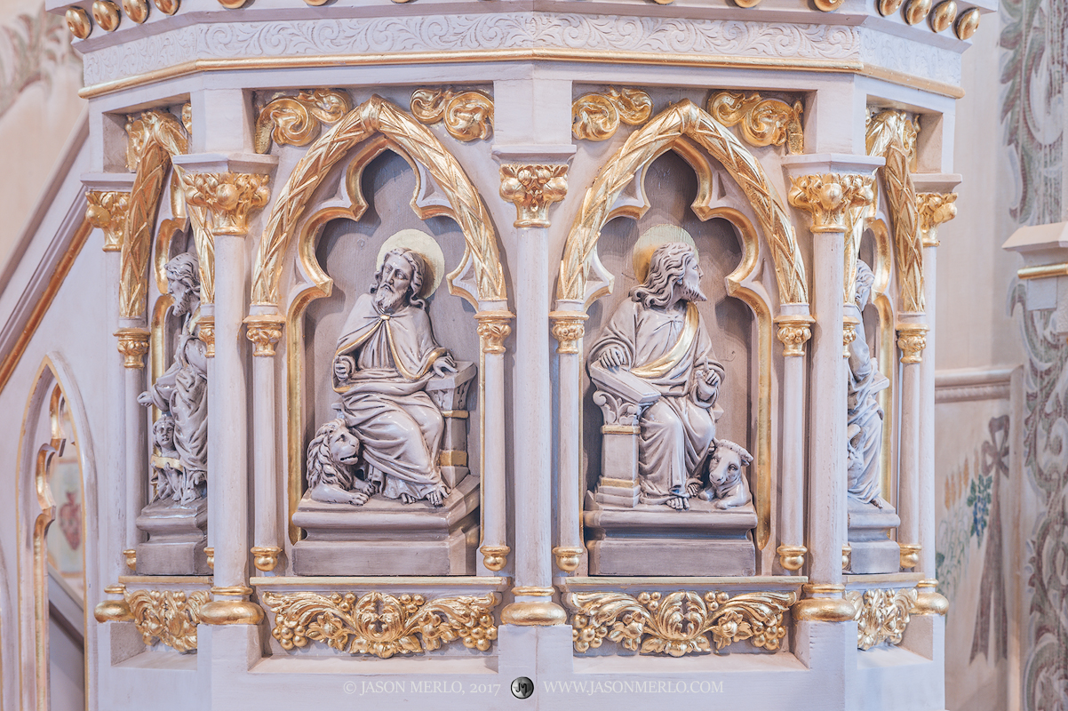 The ornately carved lectern at St. Mary's Catholic Church in Praha, one of the Painted Churches of Texas.