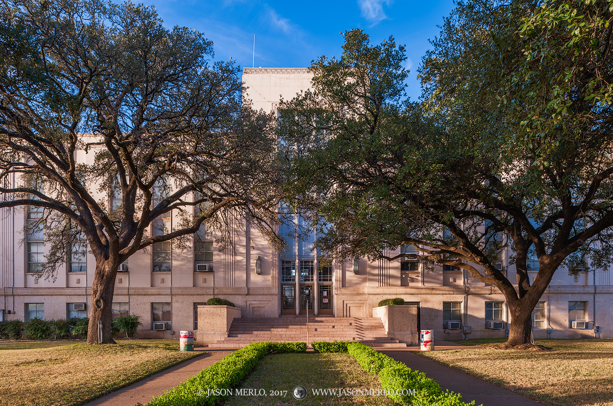 The Falls County courthouse at sunset in Marlin, Texas.