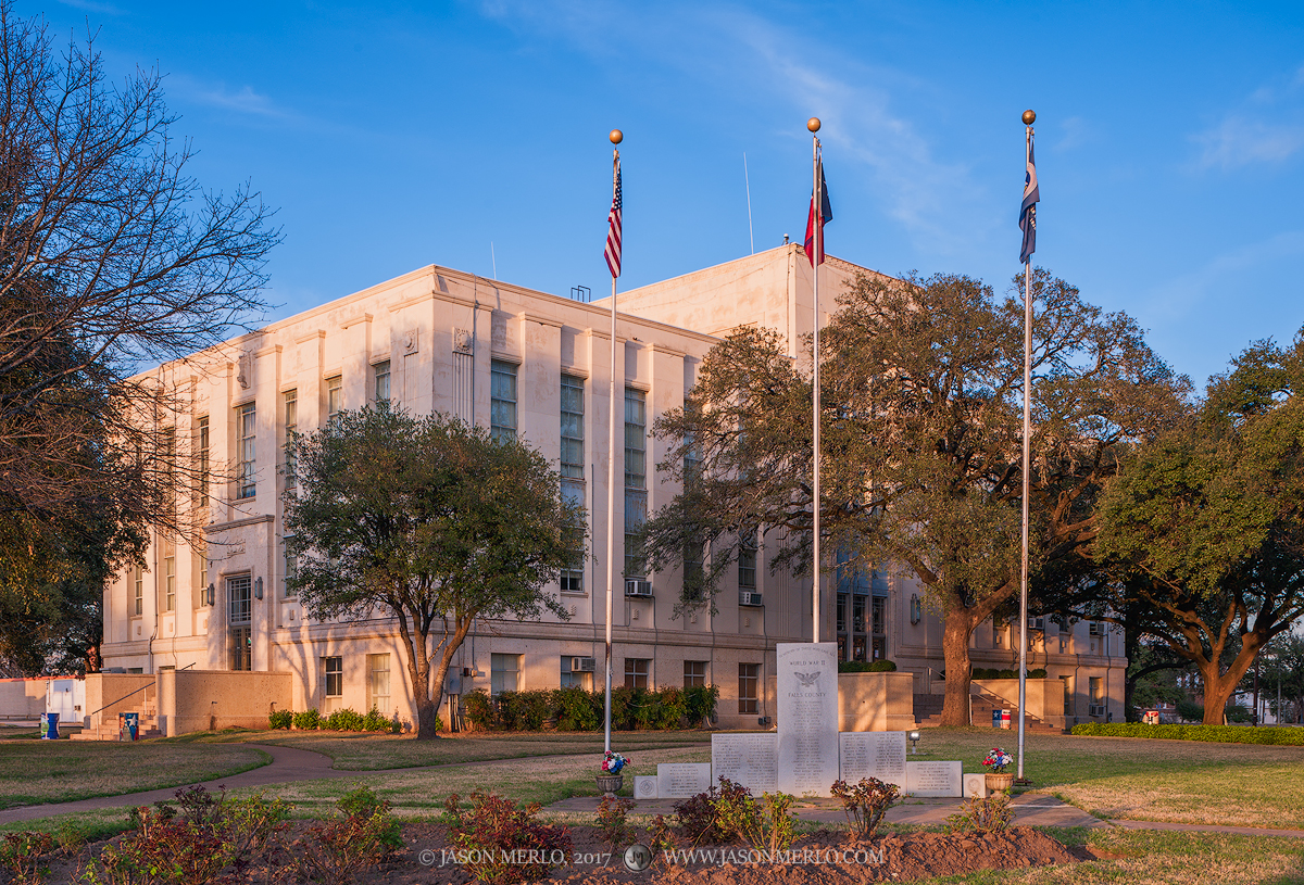 The Falls County courthouse at sunset in Marlin, Texas.