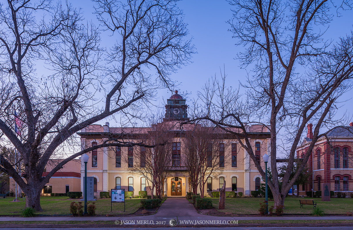 The Bastrop County courthouse at dawn in Bastrop, Texas.